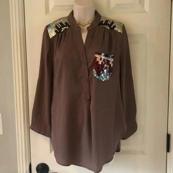 Entro brown long sleeve sequence blouse size small southwestern design - Picture 1 of 11